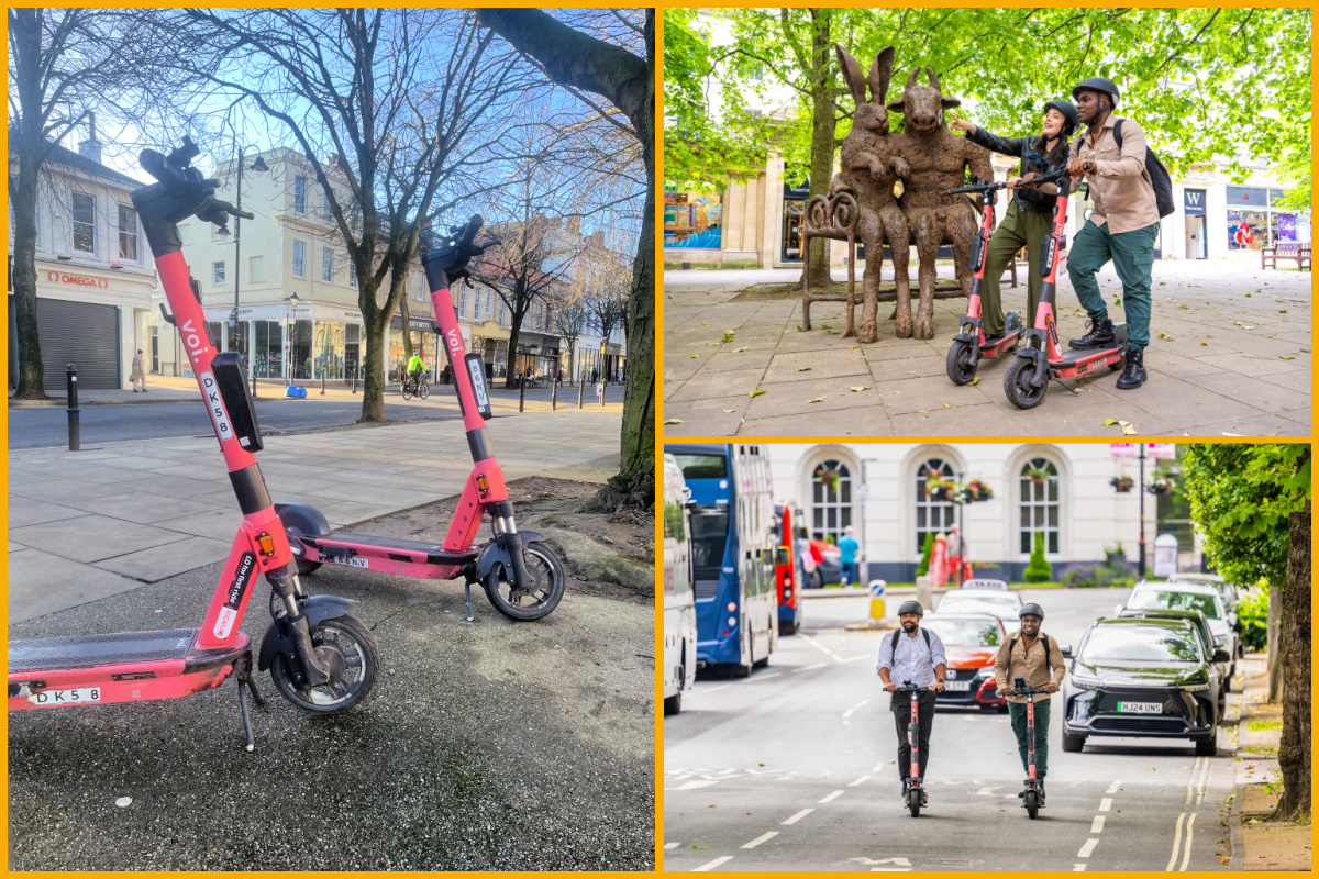 A collage of Voi e-scooters being used in Cheltenham